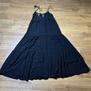 Natural Life Black Lace Yoke Maxi Dress Boho Tiered Sundress Adjustable Straps L